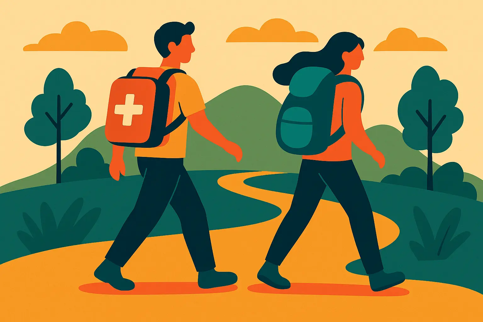 randonneurs avec un sac rouge évoquant la trousse de secours