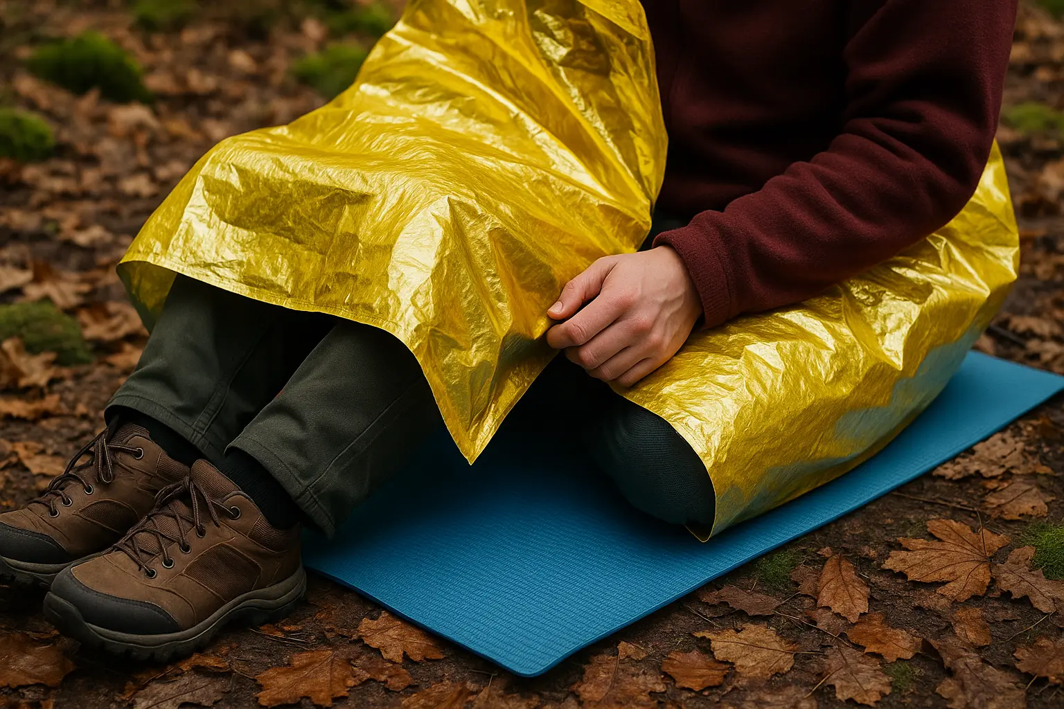 Isolation du sol avec tapis mousse avant d’envelopper la personne dans une couverture de survie en forêt humide