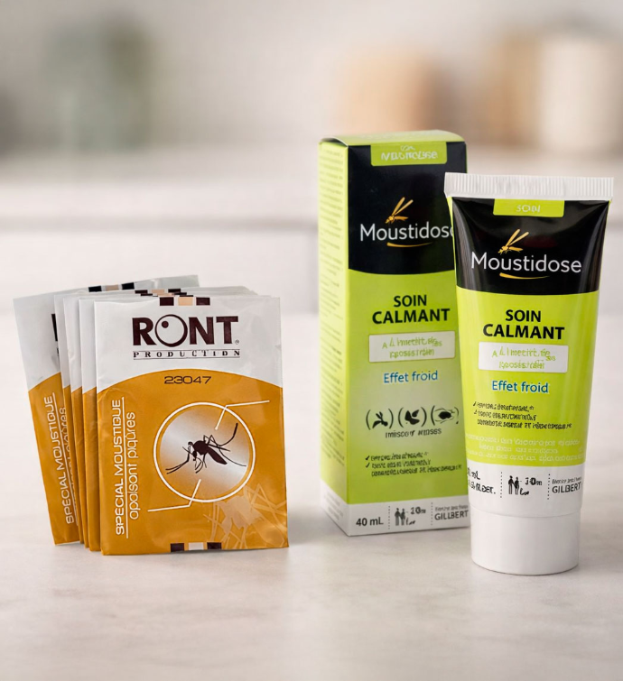 Soins apaisants après piqûre en sélection sur fond clair