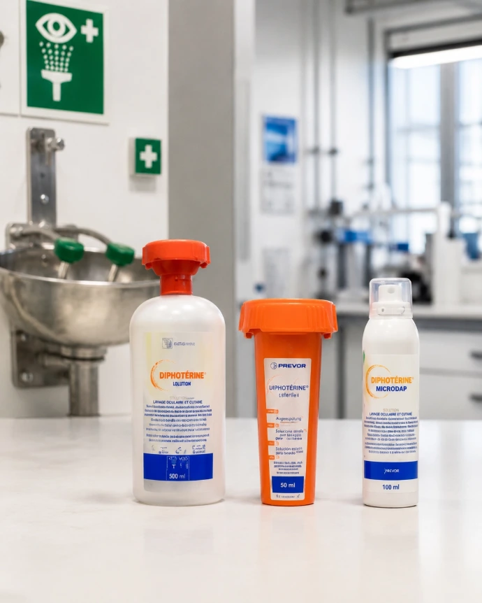 Comparaison des formats Diphotérine avec lave-œil individuel, flacon 500 ml et spray pour projection cutanée