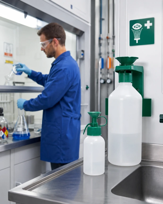 Poste de lavage oculaire avec solution Diphotérine dans un laboratoire exposé aux projections chimiques