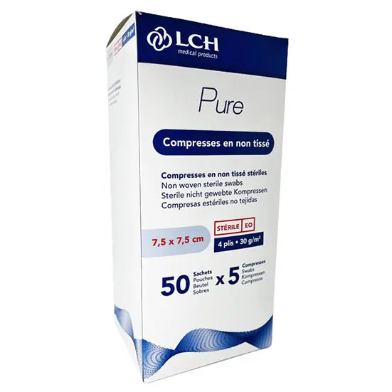 [1029] Compresse non tissée stérile – 7,5 x 7,5 cm (50 sachets de 5)