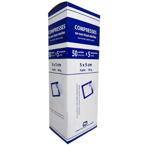 [1028] Compresse non tissée stérile – 5 x 5 cm (50 sachets de 5)